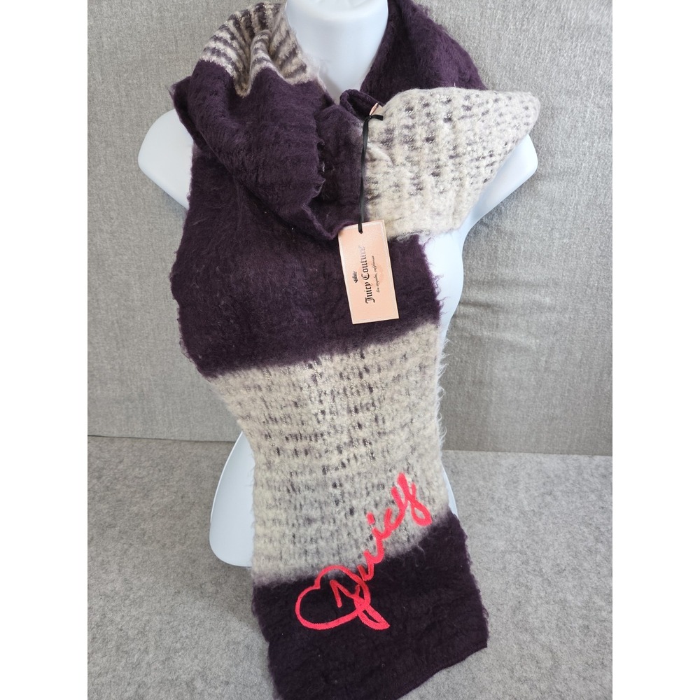 Juicy Couture Purple White Scarf Fuzzy Hot Pink Accent Logo Very Soft Chunky NEW